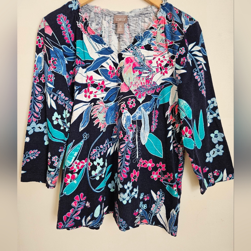 Chicos Gathered V Neck Top Sleeves Cottage Colorful Floral XL Cotton Modal Soft